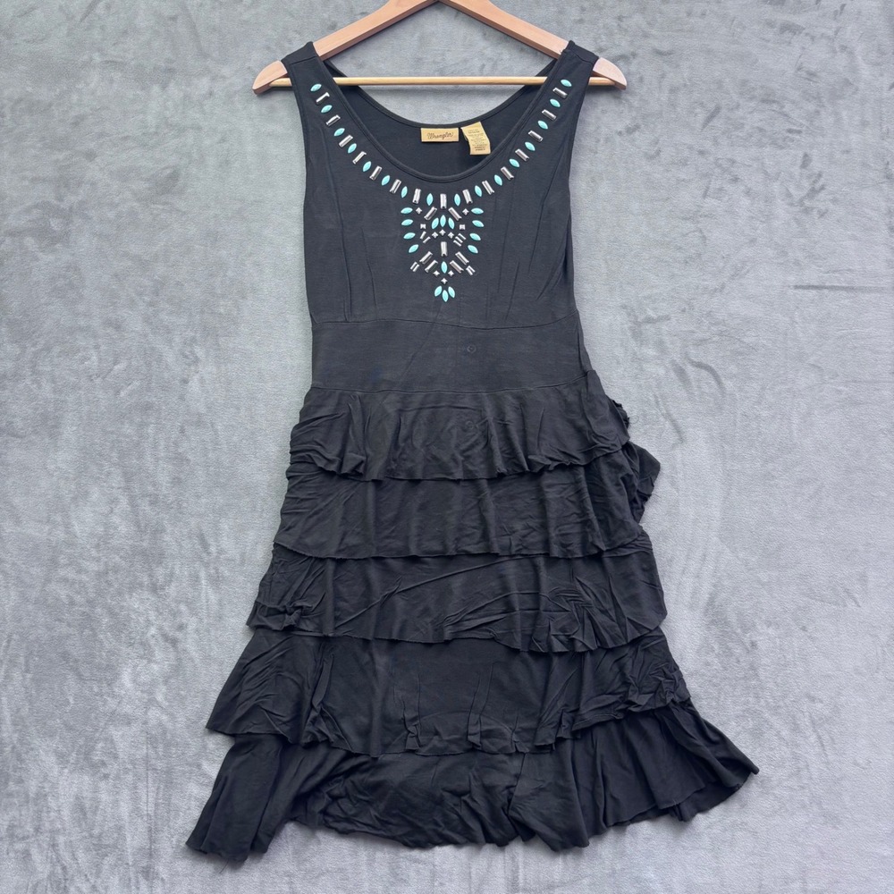 Wrangler Black Tiered Ruffle Studded Turquoise Western Sleeveless Dress LWD710X
